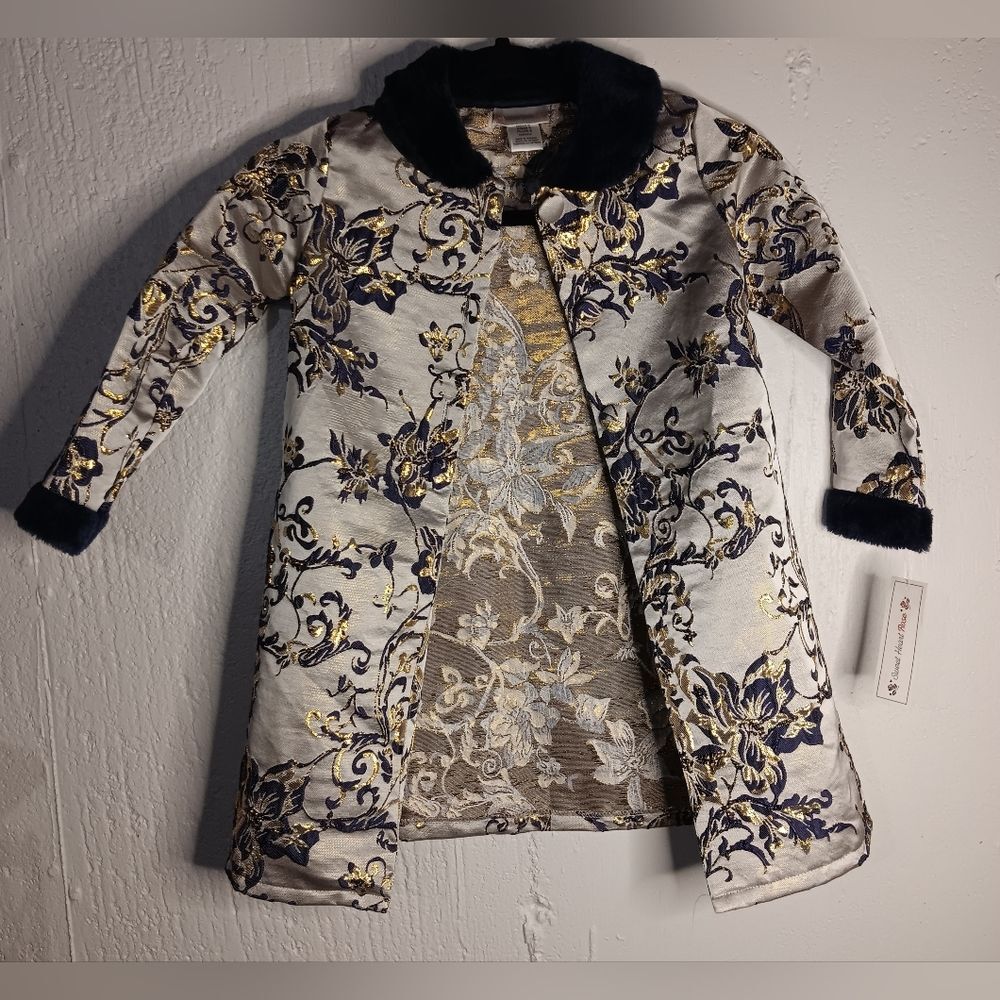 SWEET HEART ROSE Textured Blue and Gold Girls Pea Coat